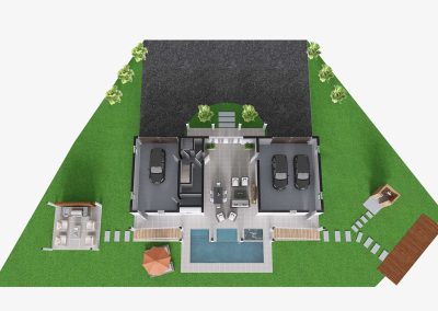 Artist rendering of the Longview estate ground level showing drive, garages, pool and surroundings.