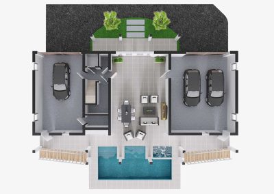 Artist rendering of the Longview estate ground level showing drive, garages, and pool.