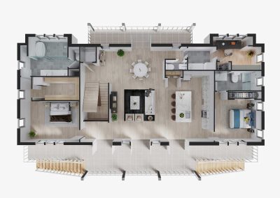 Artist rendering of the Longview estate main level showing kitchen, living and dining spaces, terrace overlooking the pool, study, and master bedroom with ensuite and walk-in closet, and second bedroom with separate bath.