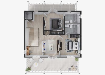 Artist rendering of the Longview estate upper level showing living space, terrace overlooking the pool, and two bedrooms with separate baths.